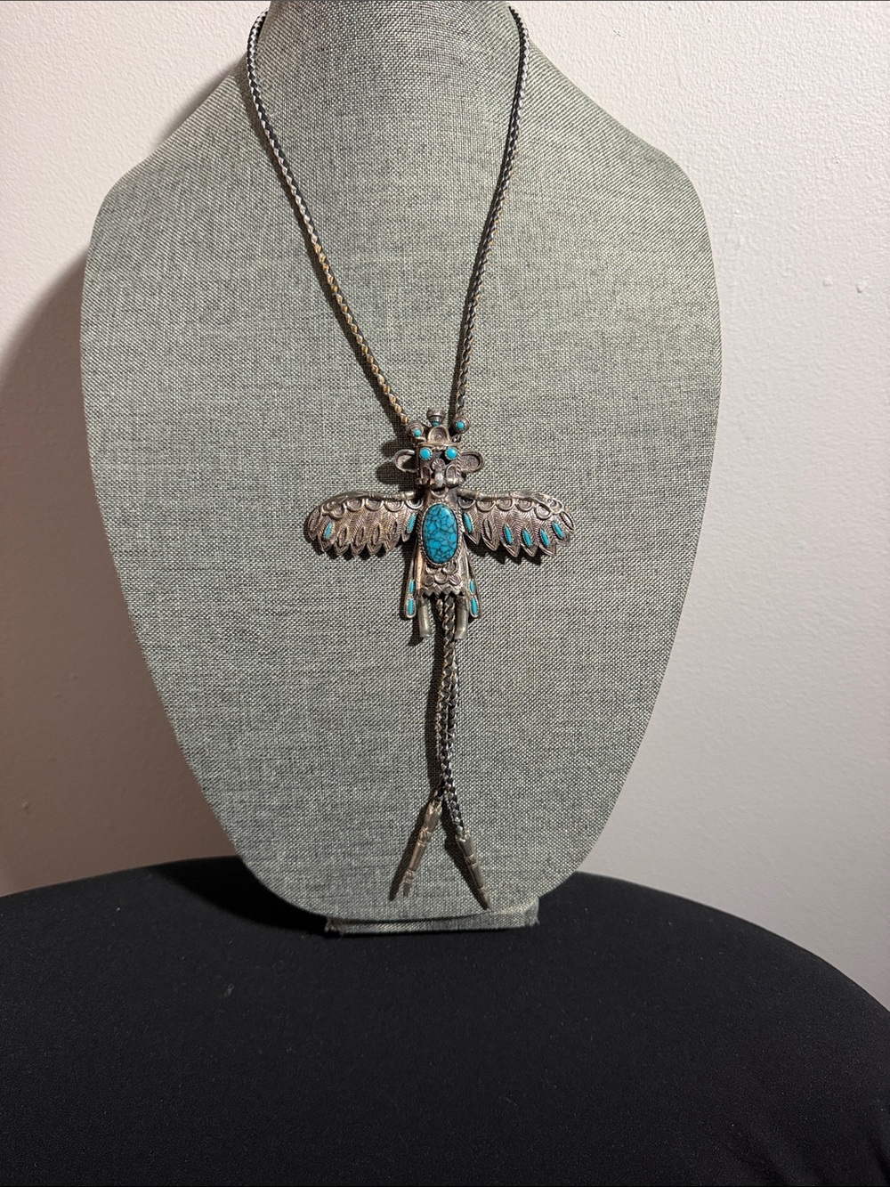 Turquoise Stone Thunderbird Pendant Necklace in Silver-Tone